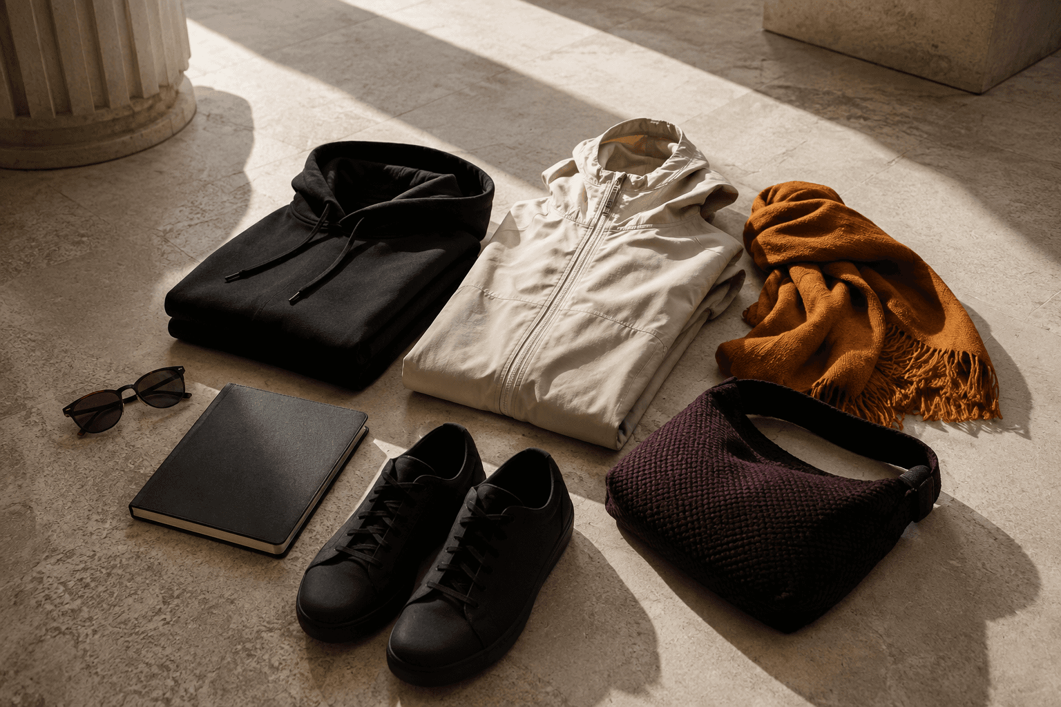 A Saforne wardrobe of apparel, accessories and carry pieces arranged on a limestone floor